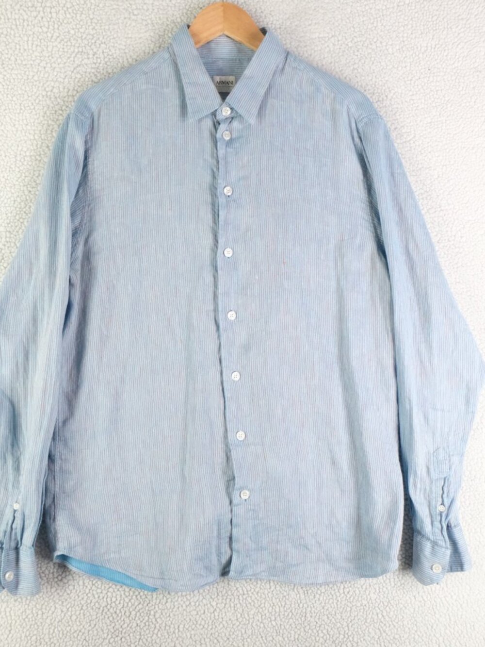 Armani Collezioni Shirt Mens Extra Large Blue Orange Striped Flax Cotton Button